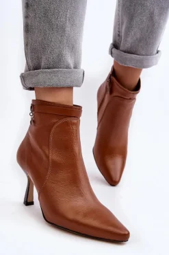 Skórzane Damskie Botki Na Szpilce Maciejka 06301-29 Brązowe