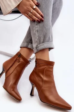 Skórzane Damskie Botki Na Szpilce Maciejka 06301-29 Brązowe