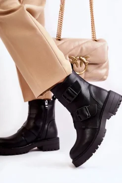 Skórzane Damskie Botki Na Suwak Czarne Gritta