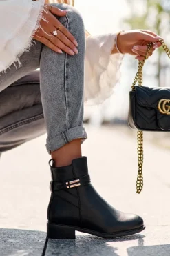 Skórzane Damskie Botki Na Płaskim Obcasie Czarne Lucadi