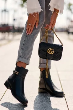 Skórzane Damskie Botki Na Płaskim Obcasie Czarne Lucadi