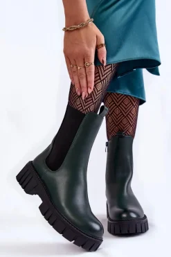 Skórzane Damskie Botki Na Platformie Zielone Bente