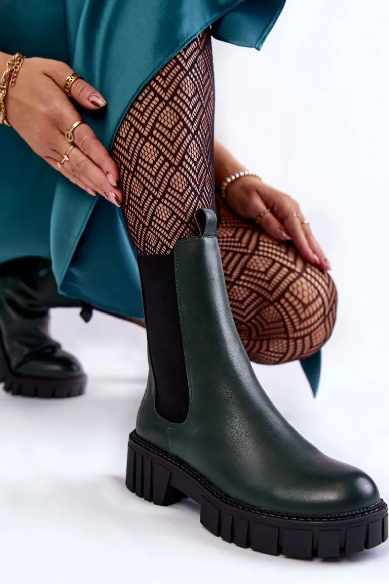 Skórzane Damskie Botki Na Platformie Zielone Bente