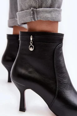 Skórzane Damskie Botki Na Szpilce Maciejka 06301-01 Czarne