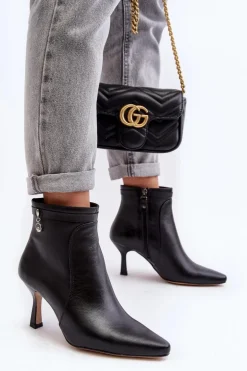 Skórzane Damskie Botki Na Szpilce Maciejka 06301-01 Czarne