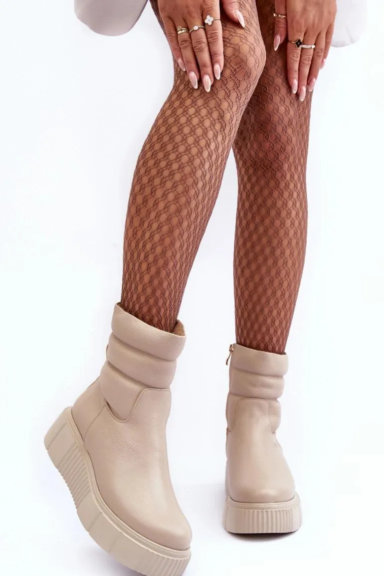 Skórzane Damskie Botki Na Platformie Jasnobeżowe Lemar Suam