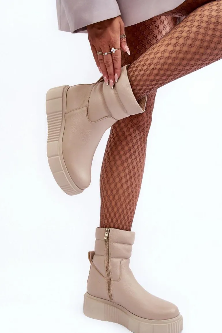 Skórzane Damskie Botki Na Platformie Jasnobeżowe Lemar Suam