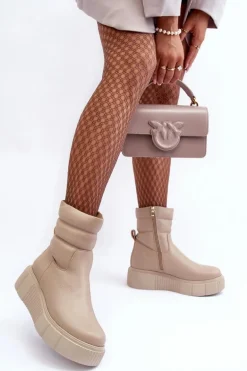 Skórzane Damskie Botki Na Platformie Jasnobeżowe Lemar Suam