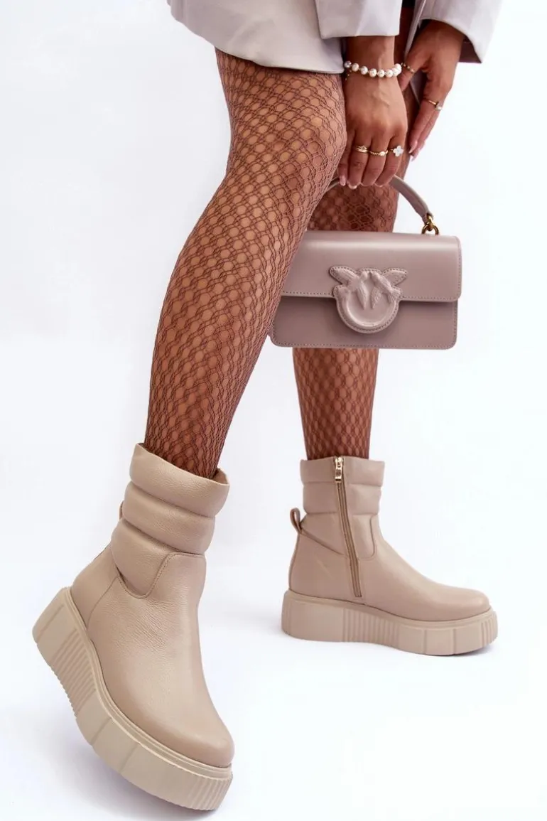 Skórzane Damskie Botki Na Platformie Jasnobeżowe Lemar Suam