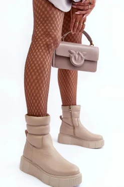 Skórzane Damskie Botki Na Platformie Jasnobeżowe Lemar Suam