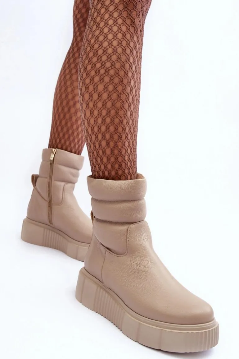 Skórzane Damskie Botki Na Platformie Jasnobeżowe Lemar Suam