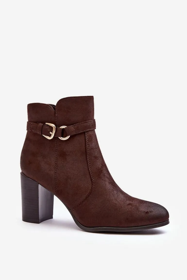 Skórzane Damskie Botki Na Słupku Z Klamrą Brązowe Lasima