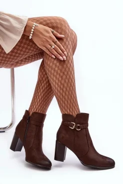 Skórzane Damskie Botki Na Słupku Z Klamrą Brązowe Lasima