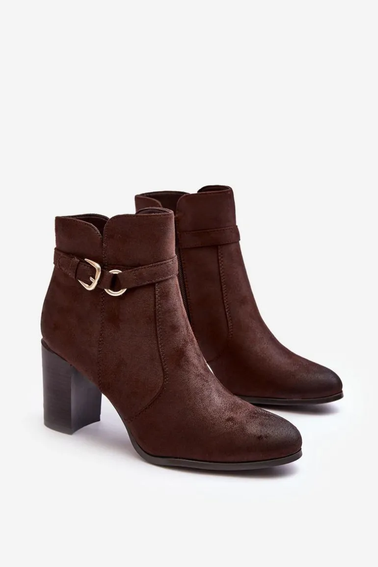 Skórzane Damskie Botki Na Słupku Z Klamrą Brązowe Lasima