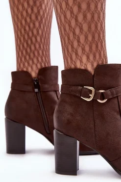 Skórzane Damskie Botki Na Słupku Z Klamrą Brązowe Lasima