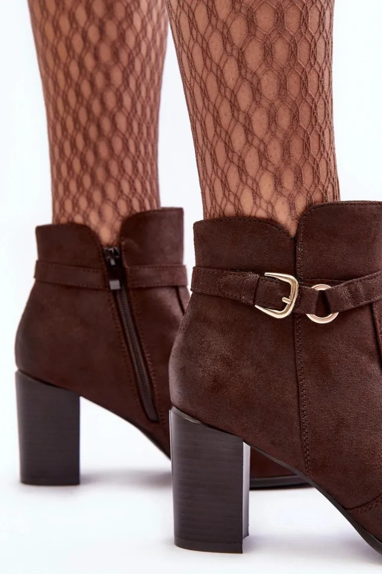 Skórzane Damskie Botki Na Słupku Z Klamrą Brązowe Lasima