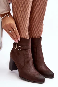 Skórzane Damskie Botki Na Słupku Z Klamrą Brązowe Lasima