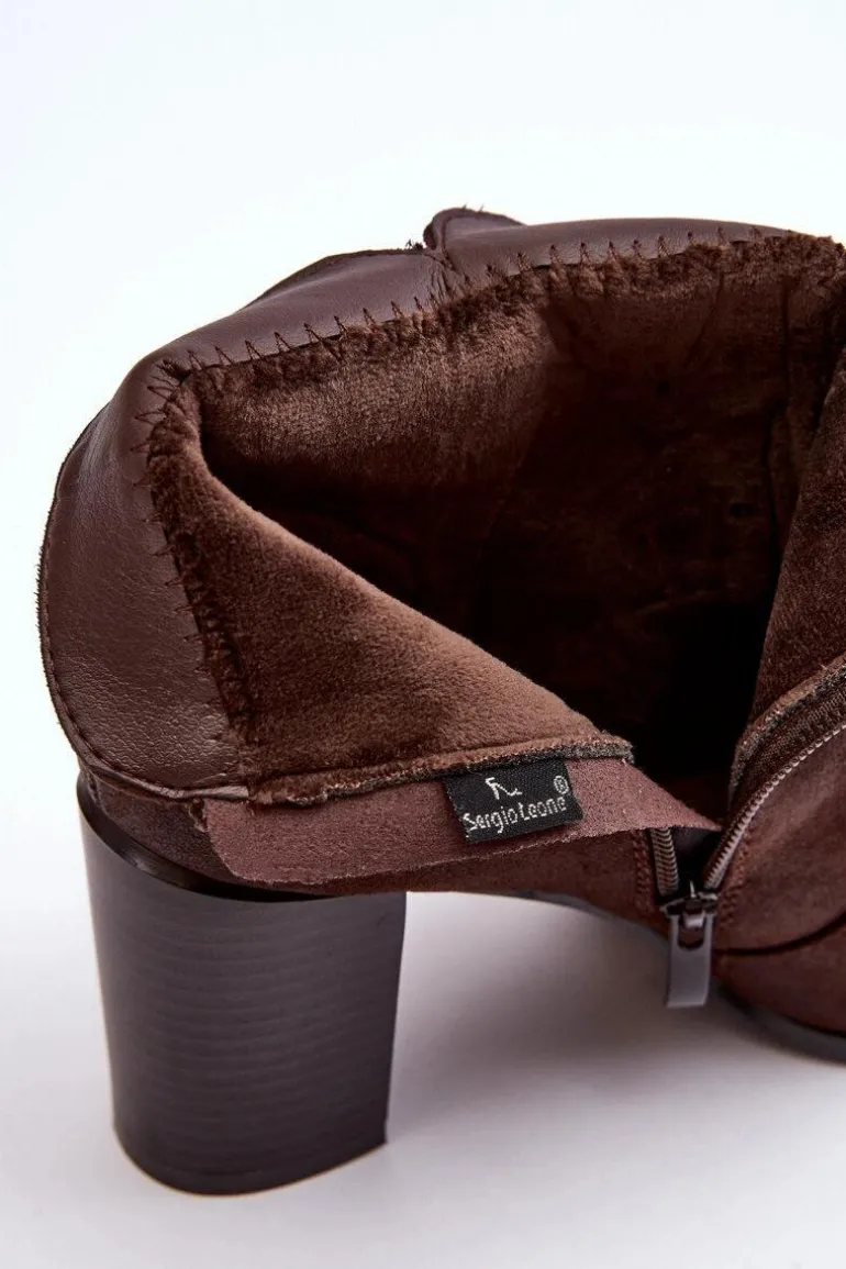 Skórzane Damskie Botki Na Słupku Z Klamrą Brązowe Lasima