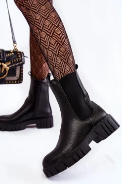 Skórzane Damskie Botki Na Platformie Czarne Bente