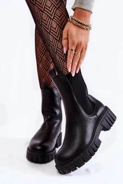 Skórzane Damskie Botki Na Platformie Czarne Bente