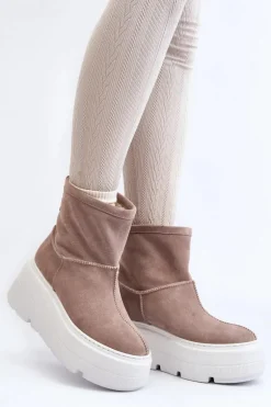 Skórzane Damskie Botki Na Masywnej Podeszwie Beżowe Zazoo 3424