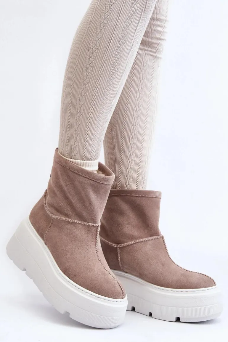 Skórzane Damskie Botki Na Masywnej Podeszwie Beżowe Zazoo 3424