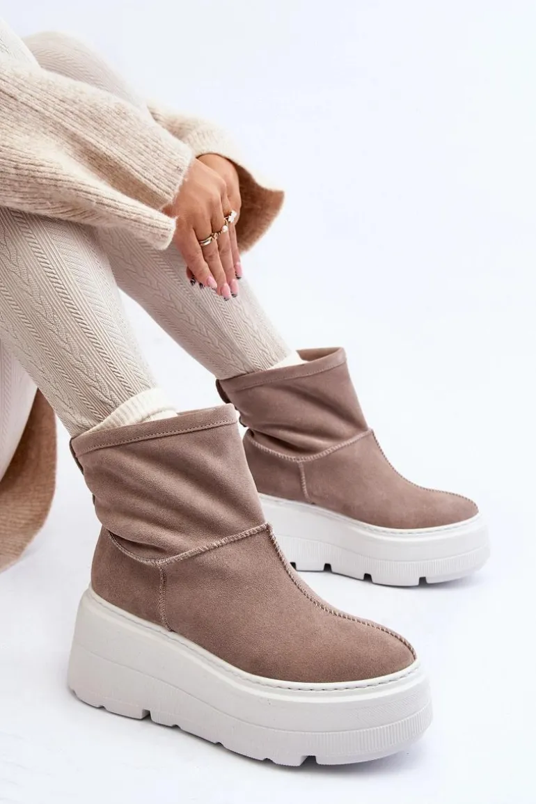 Skórzane Damskie Botki Na Masywnej Podeszwie Beżowe Zazoo 3424