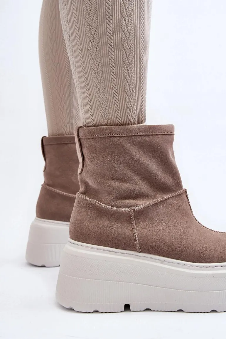 Skórzane Damskie Botki Na Masywnej Podeszwie Beżowe Zazoo 3424