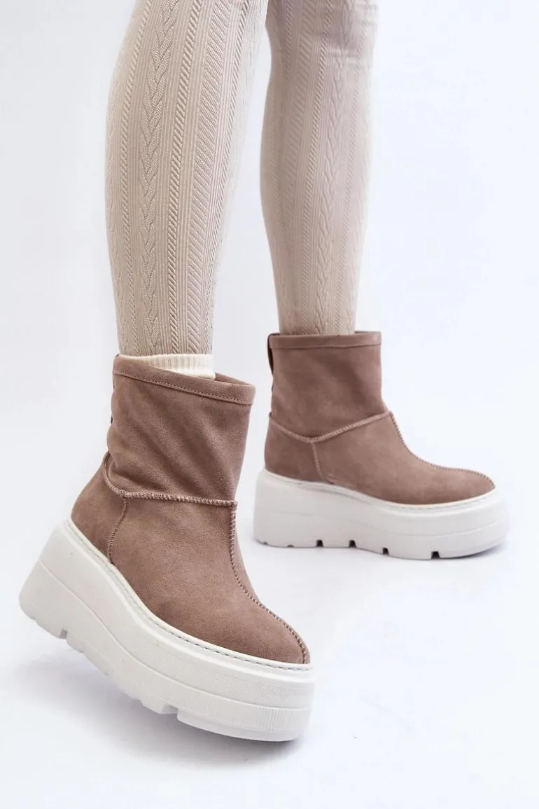 Skórzane Damskie Botki Na Masywnej Podeszwie Beżowe Zazoo 3424