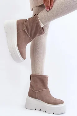 Skórzane Damskie Botki Na Masywnej Podeszwie Beżowe Zazoo 3424