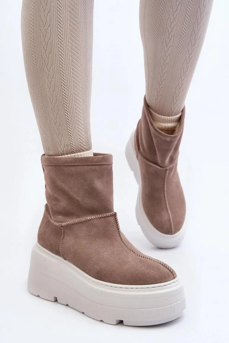 Skórzane Damskie Botki Na Masywnej Podeszwie Beżowe Zazoo 3424