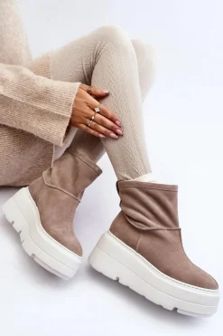 Skórzane Damskie Botki Na Masywnej Podeszwie Beżowe Zazoo 3424