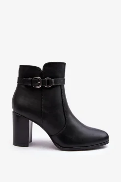 Skórzane Damskie Botki Na Słupku Z Klamrą Czarne Lasima
