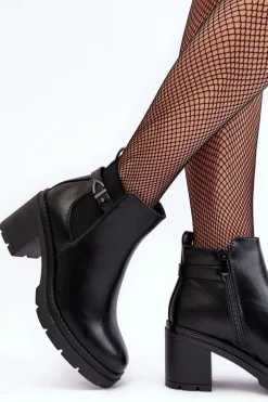 Skórzane Damskie Botki Na Masywnym Słupku Czarne Belinda