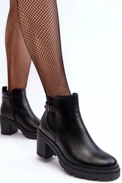 Skórzane Damskie Botki Na Masywnym Słupku Czarne Belinda