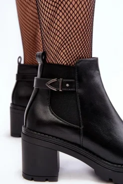 Skórzane Damskie Botki Na Masywnym Słupku Czarne Belinda