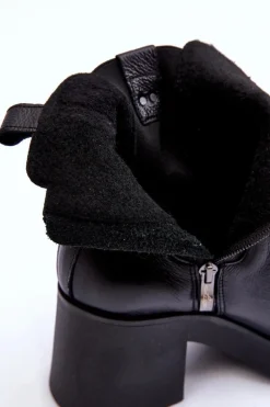 Skórzane Damskie Botki Na Obcasie Czarne Lemar Kodra