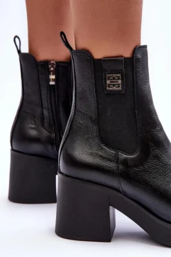 Skórzane Damskie Botki Na Obcasie Czarne Lemar Kodra