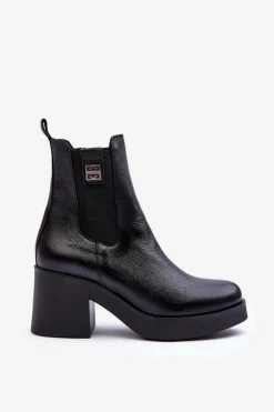 Skórzane Damskie Botki Na Obcasie Czarne Lemar Kodra