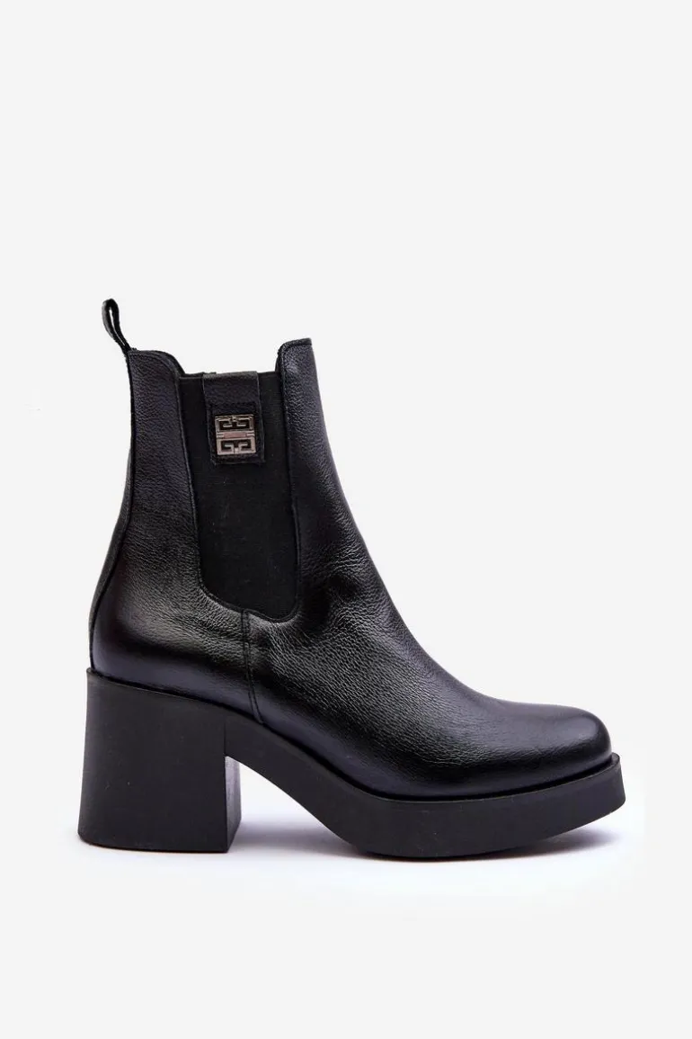 Skórzane Damskie Botki Na Obcasie Czarne Lemar Kodra