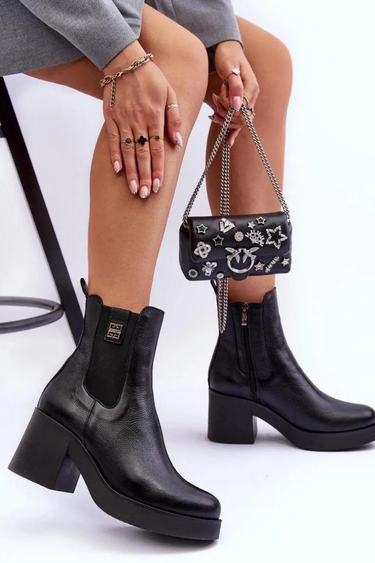 Skórzane Damskie Botki Na Obcasie Czarne Lemar Kodra