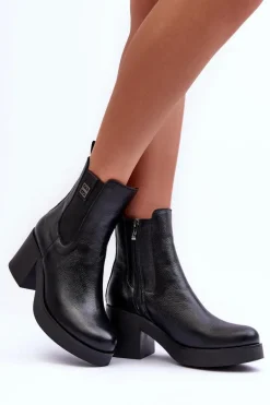 Skórzane Damskie Botki Na Obcasie Czarne Lemar Kodra