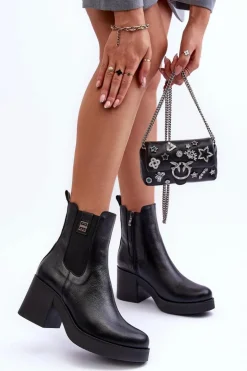 Skórzane Damskie Botki Na Obcasie Czarne Lemar Kodra