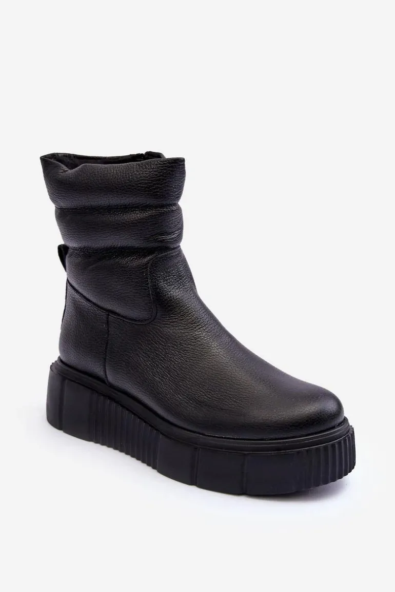 Skórzane Damskie Botki Na Platformie Czarne Lemar Suam