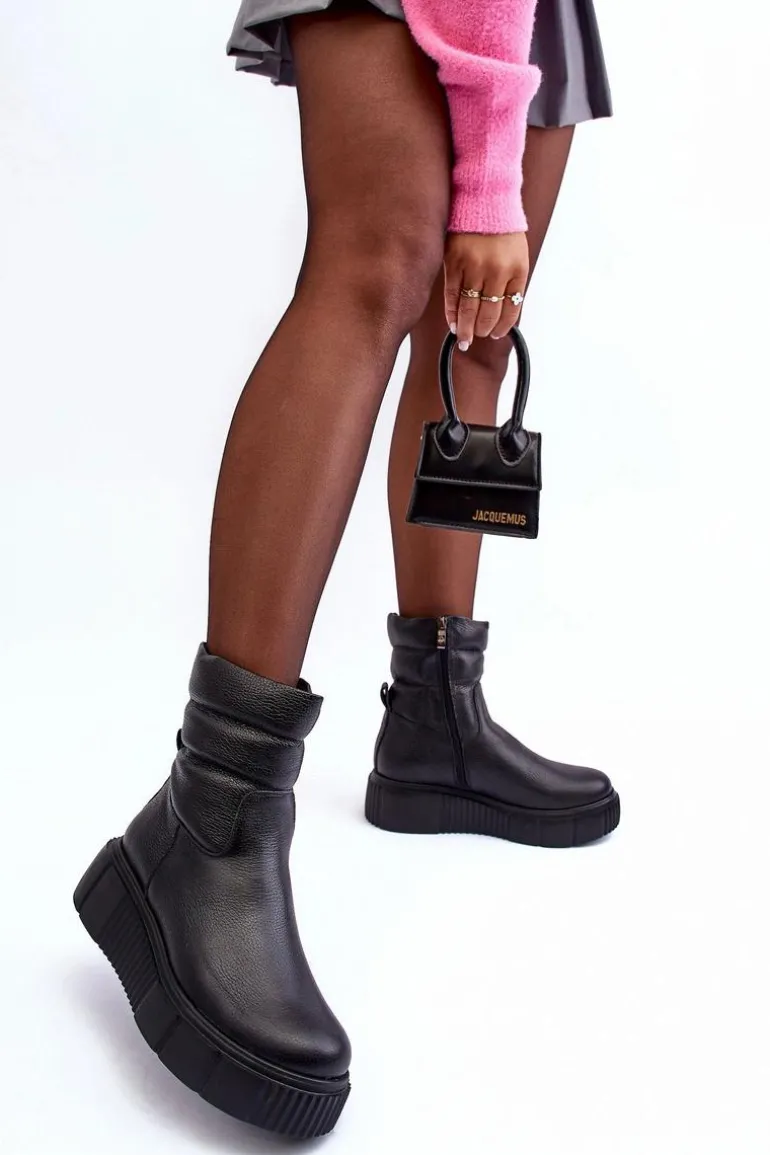 Skórzane Damskie Botki Na Platformie Czarne Lemar Suam