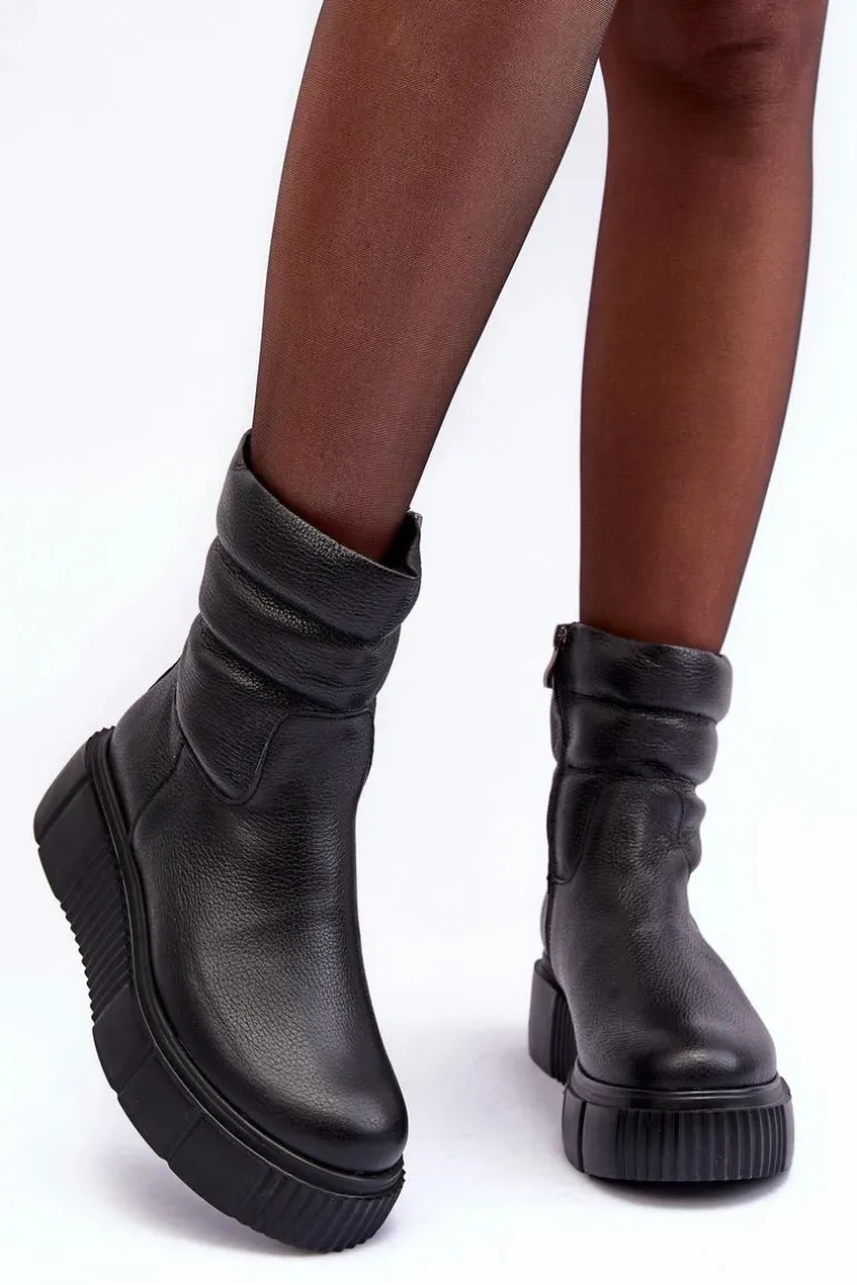 Skórzane Damskie Botki Na Platformie Czarne Lemar Suam