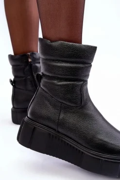 Skórzane Damskie Botki Na Platformie Czarne Lemar Suam