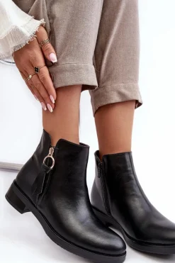 Skórzane Damskie Botki Płaskie Czarne Vasica