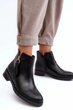 Skórzane Damskie Botki Płaskie Czarne Vasica