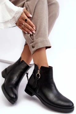 Skórzane Damskie Botki Płaskie Czarne Vasica